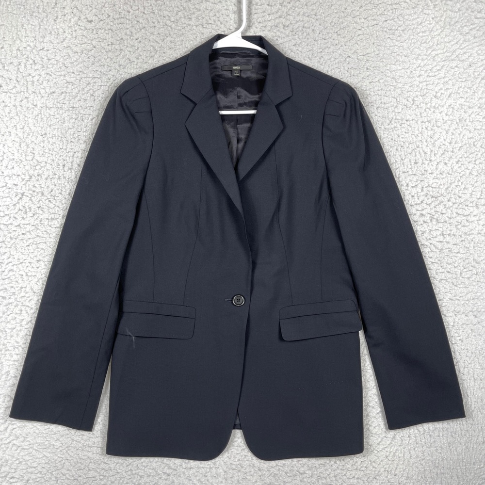 Hugo Boss Blazer Womens 12 Navy Blue Jiranl Wool Single Button Professional